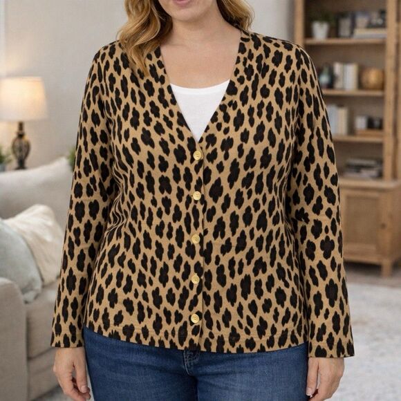 Jones New York Sweaters - Jones New York Leopard Print Cardigan XL Casual Work Sweater Layering Chic
